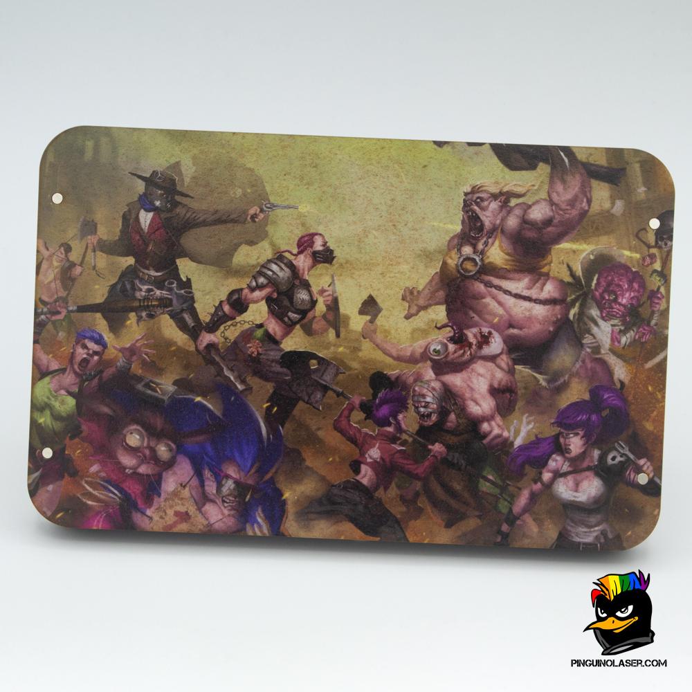 Foto de la tapa impresa de la bandeja blanca porta tokens Punkapocalyptic. La imagen es una escena de batalla entre mutardos y pandilleros.