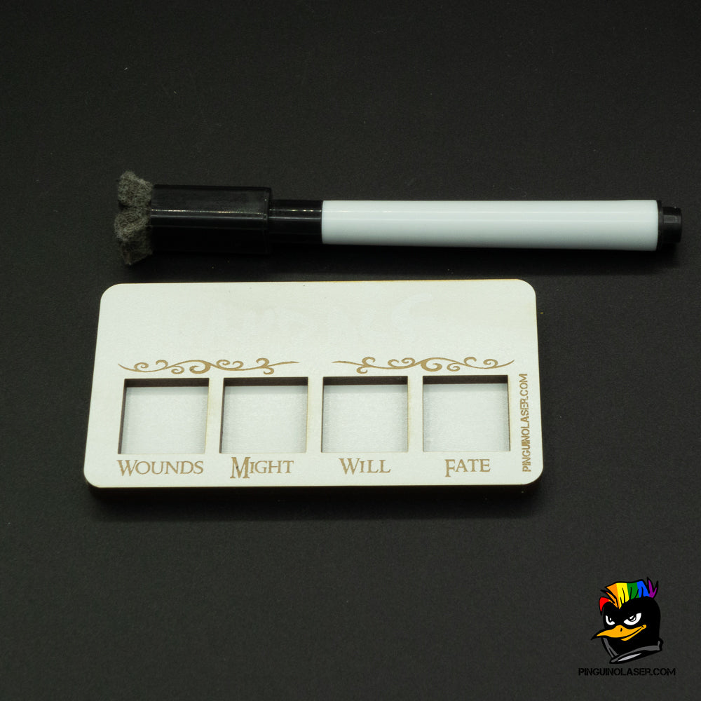 Imagen de panel borrable con un rotulador de pizarra blanca como muestra. Arriba hay un espacio para que escribas el nombre de la miniatura en cuestión y debajo los contadores.