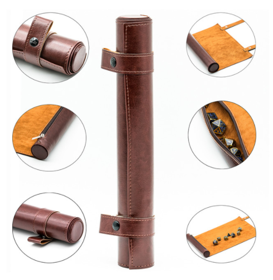 Foto de la bandeja enrollada, con la misma cerrada en el centro de la foto y seis planos detalle. Se ve el cierre, el estuche incorporado tanto cerrado como abierto y con dados y la bandeja abierta con o sin dados.