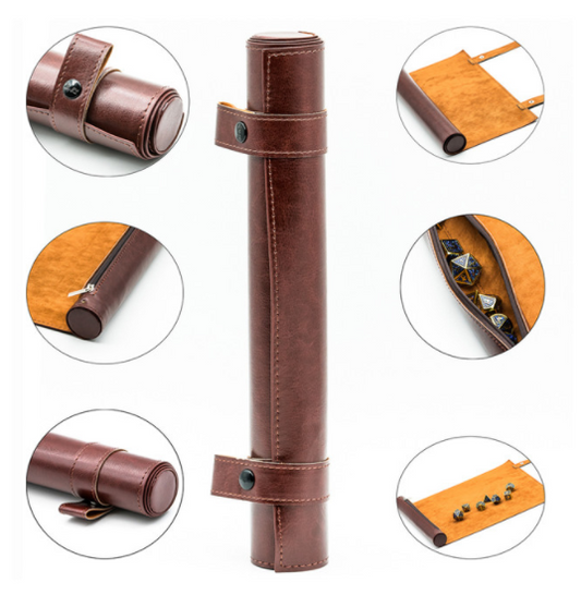 Foto de la bandeja enrollada, con la misma cerrada en el centro de la foto y seis planos detalle. Se ve el cierre, el estuche incorporado tanto cerrado como abierto y con dados y la bandeja abierta con o sin dados.