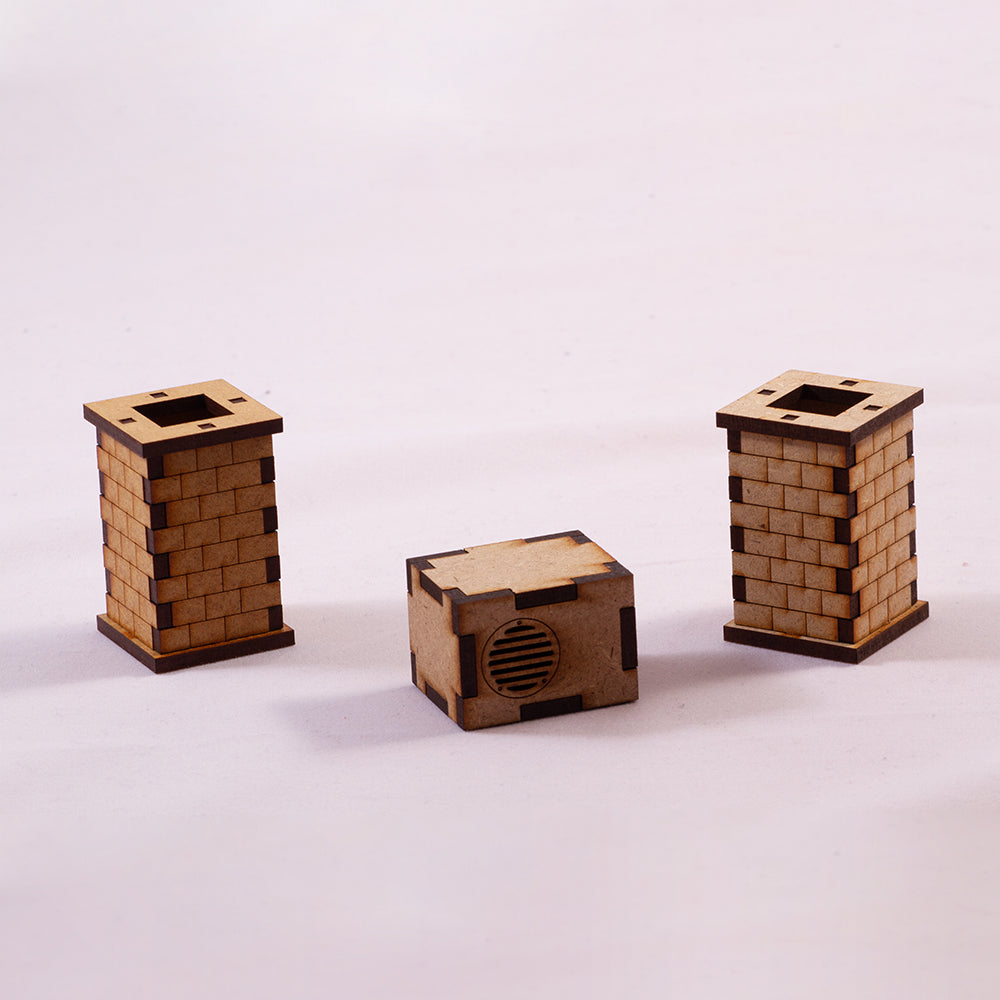 Set de dos chimeneas y un aire acondicionado en madera para juegos de miniaturas o wargames.