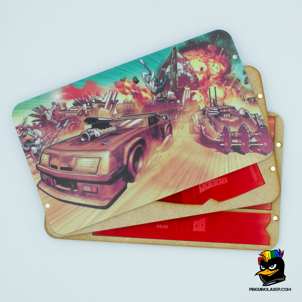 bandeja madera gaslands wooden gaslands tray. Imagen de la bandeja abierta donde se ven las reglas en metacrilato rojo.