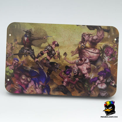 Foto de la tapa impresa de la bandeja blanca porta tokens Punkapocalyptic. La imagen es una escena de batalla entre mutardos y pandilleros.