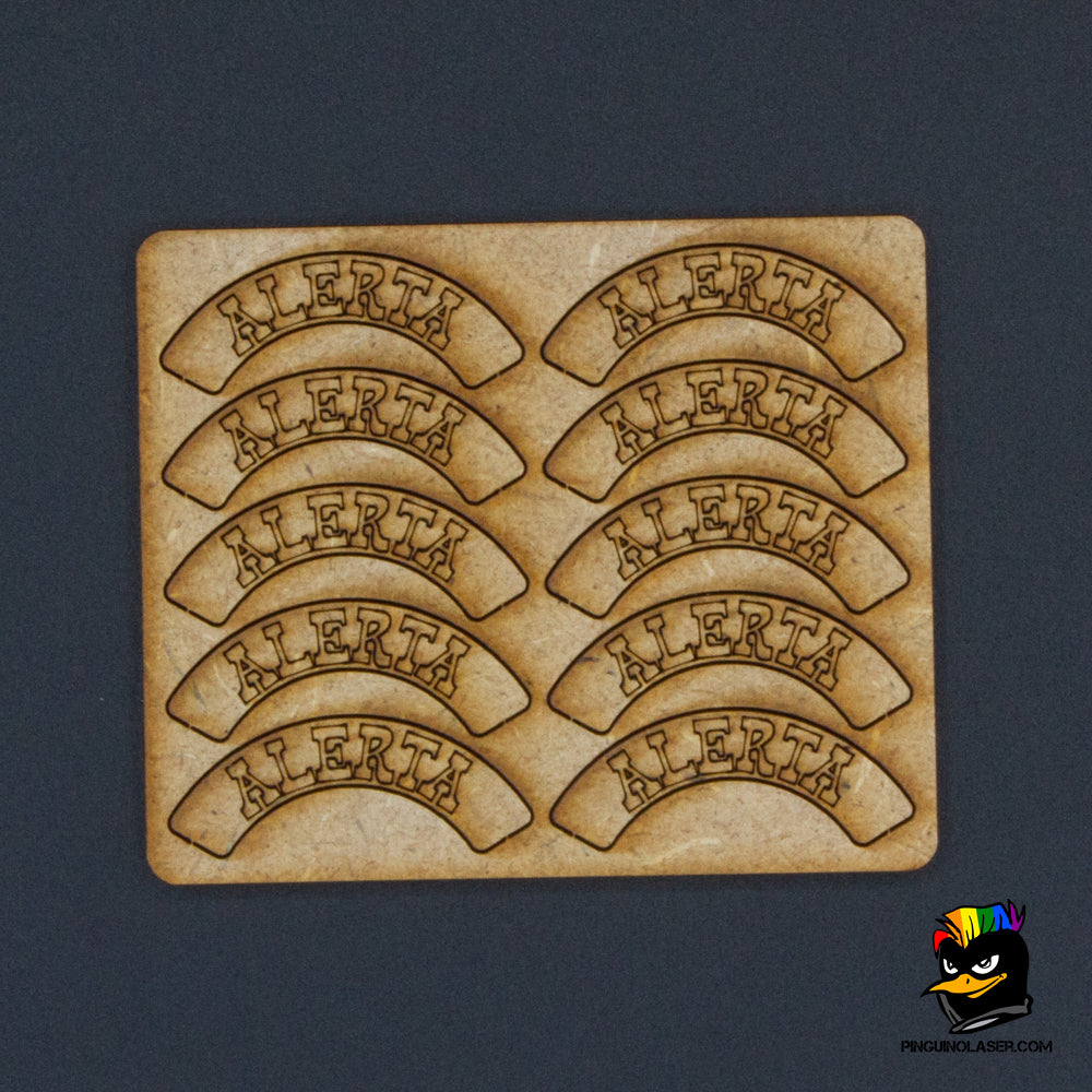 Placa de madera DM con 10 marcadores de "alerta" con grabado láser. Los marcadores se adaptan a la circunferencia de la peana