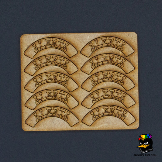 Placa de madera DM con 10 marcadores de "alerta" con grabado láser. Los marcadores se adaptan a la circunferencia de la peana