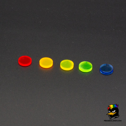 Foto de conjunto de marcadores en forma de círculo, en metacrilato de distintos colores: rojo,naranja, amarillo, verde y azul.
