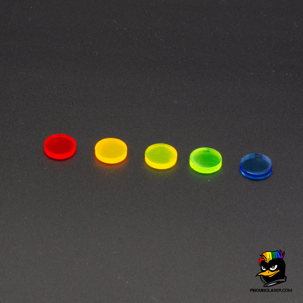 Foto de conjunto de marcadores en forma de círculo, en metacrilato de distintos colores: rojo,naranja, amarillo, verde y azul.
