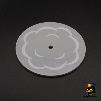 Foto plantilla de humo en metacrilato gris sólido. Tiene forma redonda y grabado de nube de humo.