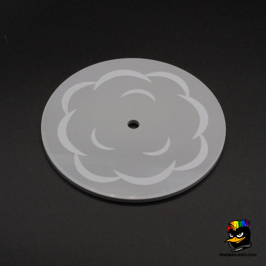 Foto plantilla de humo en metacrilato gris sólido. Tiene forma redonda y grabado de nube de humo.