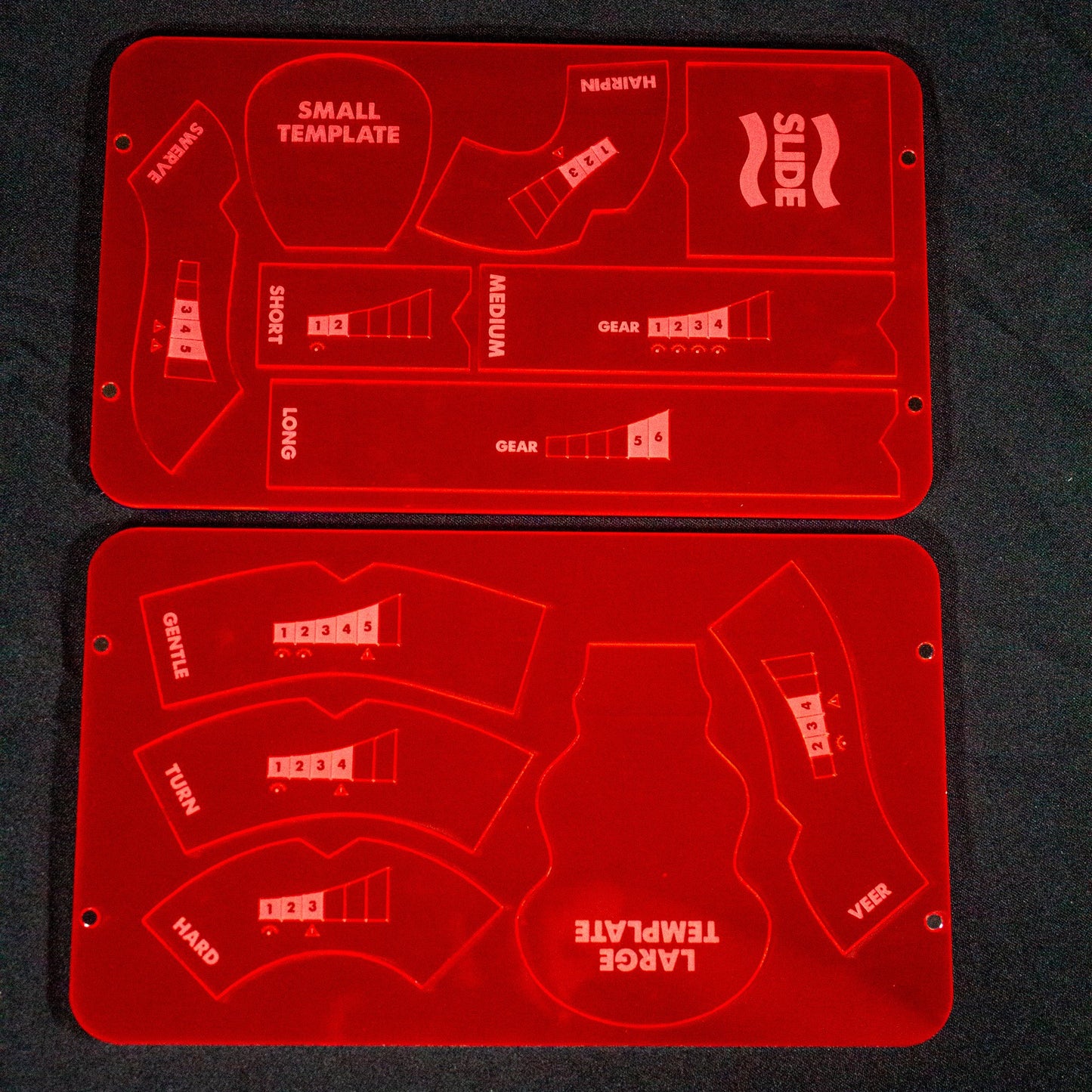 Imagen con los dos niveles de reglas. 12 reglas en total: swerve, small template, harpin, slide, short, medium, long, gentle, turn, hard, large template, veer.